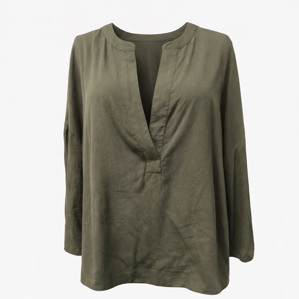 Banana Republic Olive Green V-Neck Blouse XL | Draped Minimalist Work Top